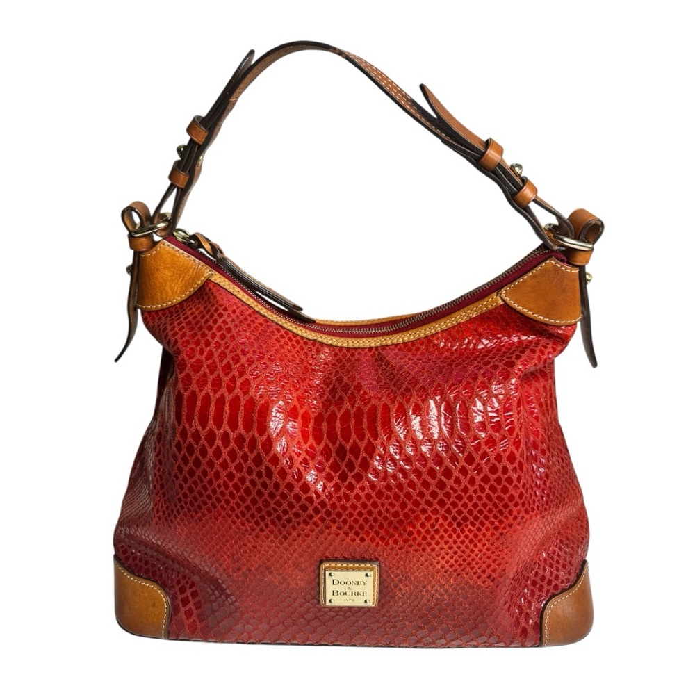 Dooney & Bourke Red Embossed Leather Shoulder Bag with Tan Trim